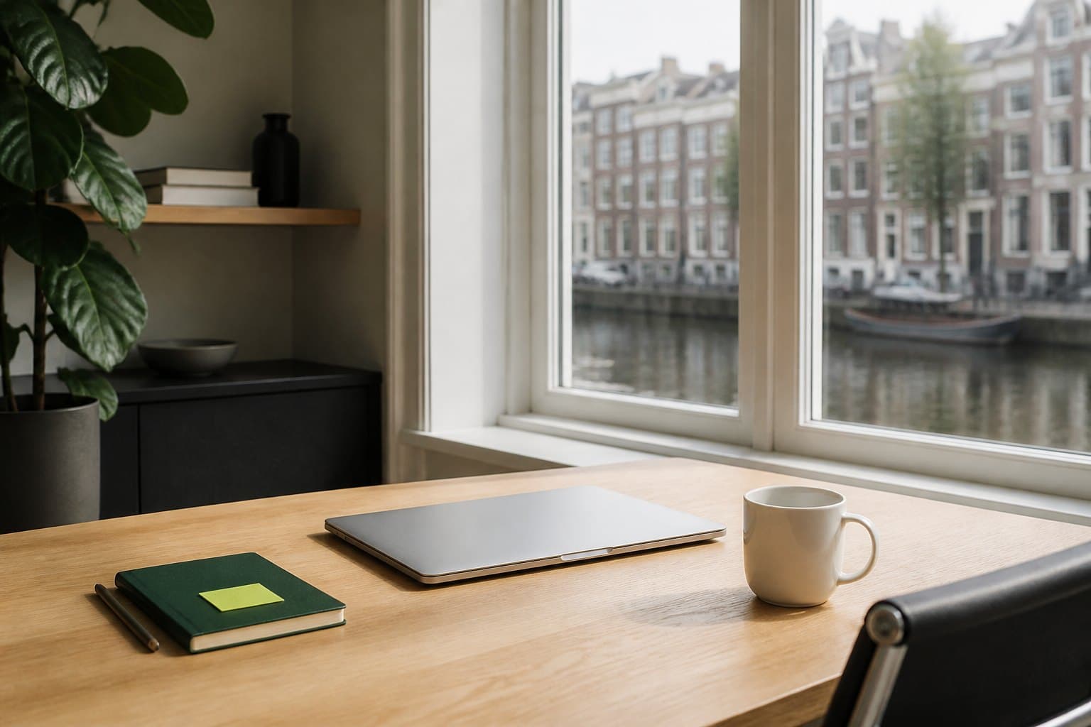 Canal-house workspace in Amsterdam: laptop on a wooden desk by the window