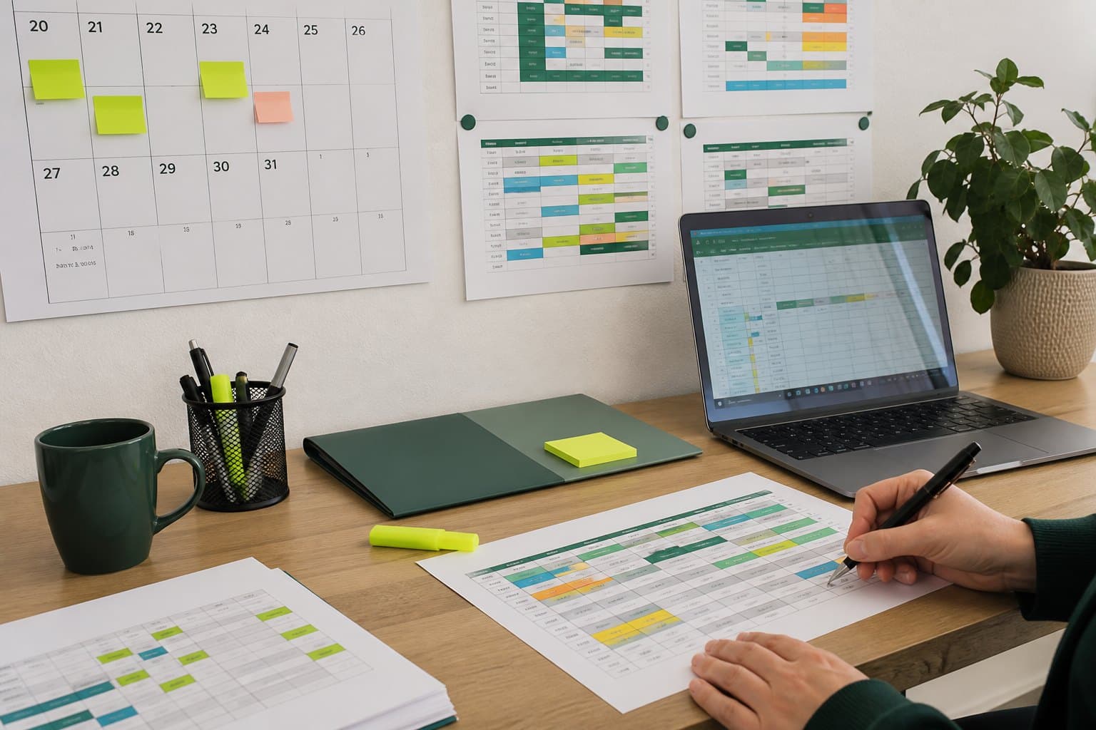 Weekly roster on paper and a laptop on a desk