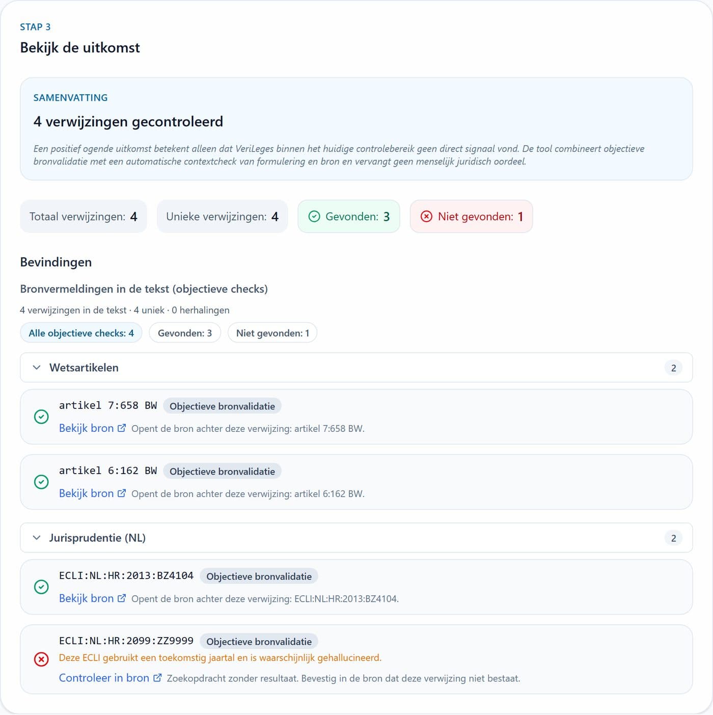 Screenshot of a VeriLeges verification report with found and missing sources